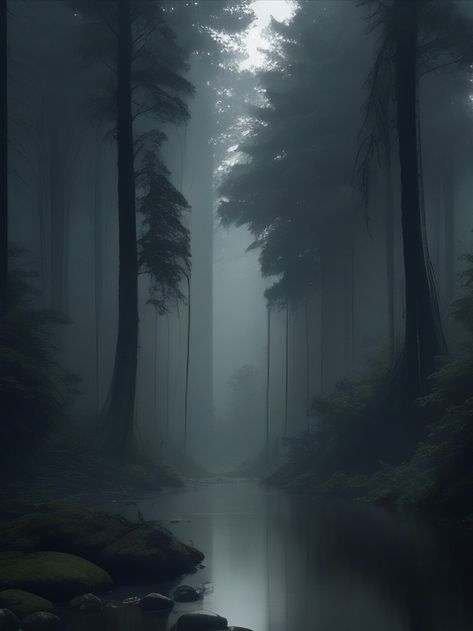 A deep, dark river flows through a dense forest. The trees are so tall and thick that they block out most of the sunlight, casting a gloomy shadow over the river. The water is still and black, and it is impossible to see the bottom. A few wisps of fog float above the river, adding to the air of mystery. River In A Forest, Misty Dark Forest, Dark Dense Forest, Fog In Forest, Dark Forest Art Fantasy Woods, Thick Forest Aesthetic, Mysterious Forest Aesthetic, Deep Forest Painting, Dark Trees Aesthetic