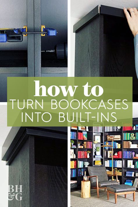 Turn basic bookcases into custom built-ins with these simple step-by-steps. #bookshelf #diybuiltin #homedecordiy #diyideas #diyfurniture #bhg Bookcase Makeover, Living Room Den, Office Plan, Custom Built Ins, Shelving Units, Built In Cabinets, Create Diy, Furniture Makeover Diy, Paint Furniture