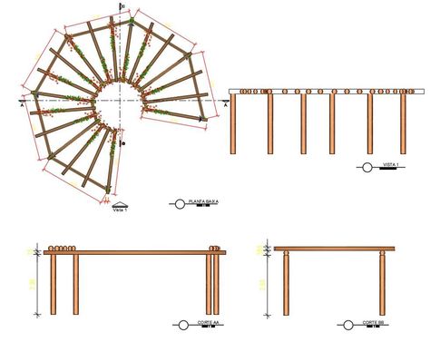 Half Round Pergola, Semi Circle Pergola, Pergola Elevation, Pergola Drawing, Circular Deck, Circular Pergola, Pergola Details, Round Pergola, Round Gazebo