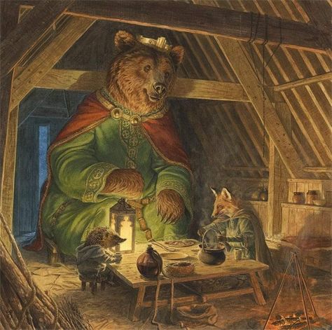 Artist Chris Dunn imagines Wenceslas as a kindly bear king and his subjects as woodland animals in an illustration for the carol “Good King Wenceslas” in the children’s book “Time for Rhyme.” Cottage Animals, Good King Wenceslas, Magical Art, Fantasy Paintings, Fairytale Art, Fantasy Illustration, Cozy Cottage, Woodland Animals, Children’s Books