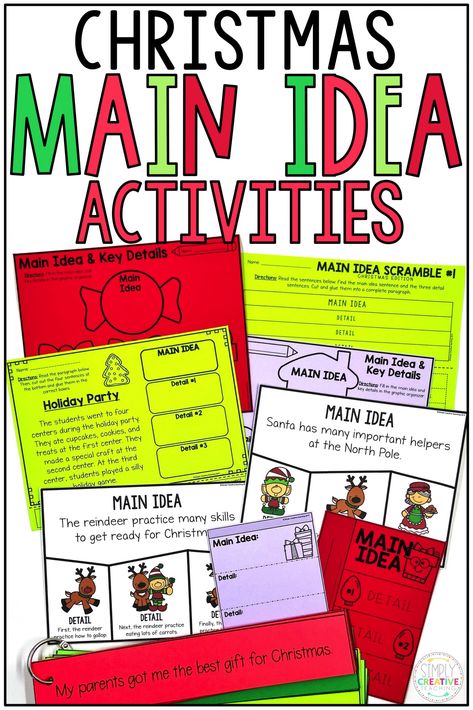 These Christmas main idea activities are perfect for first grade and 2nd grade classrooms! Finding the main idea and details in a hands on way is always fun for small groups and guided reading! Included are creative Christmas puzzles, build a paragraph with topic sentences, worksheets, Christmas holiday graphic organizers, and more! Use the organizers with Christmas books of your choice, too! Great for nonfiction main idea and main topic units! Main Idea And Details Activities, Nonfiction Main Idea, Christmas Reading Activities, Main Idea Activities, Main Idea And Details, Main Idea Worksheet, Christmas Main, Supporting Details, Christmas Reading