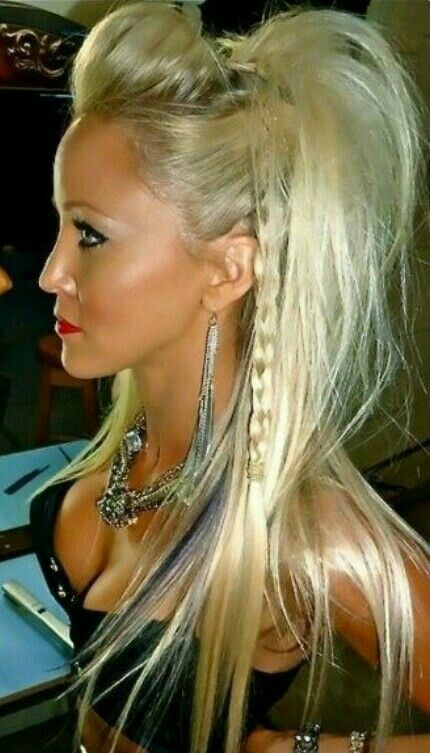 Trashy Hairstyles, Hair Styles For Rock Concert, Rocker Chic Hairstyle, Punk Rock Hairstyles For Women, Long Rocker Hair, Motorcycle Hair, Faux Hawk Ponytail, 80s Rock Hair, Rockstar Hairstyles