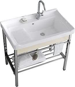 Ceramic Utility Sink with Washboard Set, Freestanding Laundry Utility Sink, Bathroom washbasin with Bracket and Drain Kit for Laundry Room Utility Room Garage Basement Outdoor and Indoor Free Standing Sink Laundry Room, Utility Sink Bathroom, Laundry Tub Ideas Utility Sink, Utility Sink In Laundry Room, Laundry Sink Ideas, Washboard Sink, Sink With Washboard, Laundry Utility Sink, Free Standing Sink