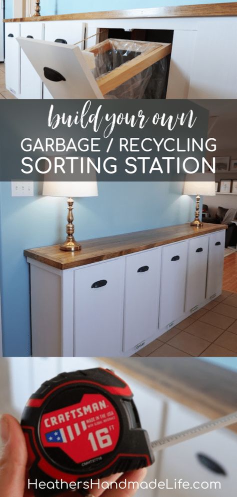 DIY Recycling Station with CRAFTSMAN® {Heather's Handmade Life }   #garbage #recycling #kitchen #organization #garbagebin #storage #kitchen #kitchenorganization #recyclingstorage #woodworking Recycle Organization, Recycling Storage, Garbage Recycling, Recycling Station, Kitchen Furniture Storage, Diy Organizer, Ideas For Kitchen, Recycling Sorting, Recycling Center