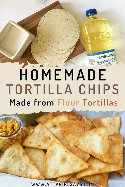 Homemade tortilla chips made from fried flour tortillas are delicious paired with your favorite salsa. These are even better than corn chips, and they're so easy to make using ingredients you probably already have at home! Make a big batch for a party or fry up a few for game day. Can also be made in an air fryer. Easy Snacks For Work, Breakfast Tacos Vegetarian, Quick After School Snacks, Healthy Grab And Go Snacks, Tortilla Chips Homemade, Baked Corn Tortillas, Healthy Grab And Go, Eating High Protein, Flour Tortilla Chips