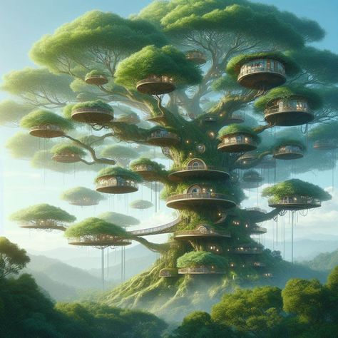 Eco Village Community, Anime Art Style, Light Object, Fantasy Village, Fantasy Tree, Dungeon Master's Guide, Small People, Dreamy Artwork, Cinematic Lighting