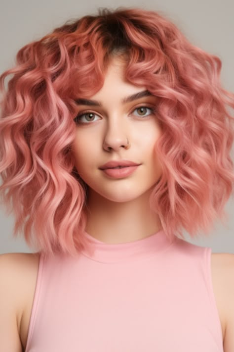 Strawberry milkshake curls offer a dreamy, delicious look. This pink hue with a hint of red is delightful on bouncy curls. Click here to check out more trending pink hair color ideas for 2023. Rose Colored Hair, Pink Hair Dark Skin, Fantasy Hair Color Ideas, Warm Pink Hair, Coral Pink Hair, Strawberry Pink Hair, Pink Curly Hair, Red Hair With Pink Highlights, Curly Pink Hair