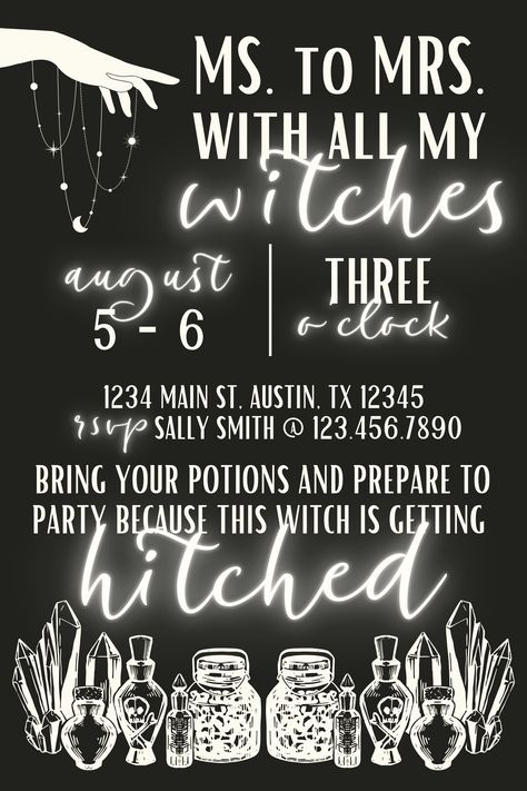 Personalize your witchy bachelorette invites with this Canva template, perfect for any spooky bride! Bachorlette Party Outfits, Witchy Bachelorette Party, Ms To Mrs, Witchy Bachelorette, Spooky Bride, Bachelorette Invites, Bride To Be Decorations, Gothic Wedding Theme, Bachelorette Invitation