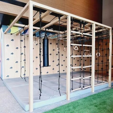 Pet Monkey Room, Diy Indoor Monkey Bars, Indoor Monkey Bars, Monkey Room, Indoor Jungle Gym, Gym Rings, Indoor Play Equipment, Indoor Playroom, Rope Climbing