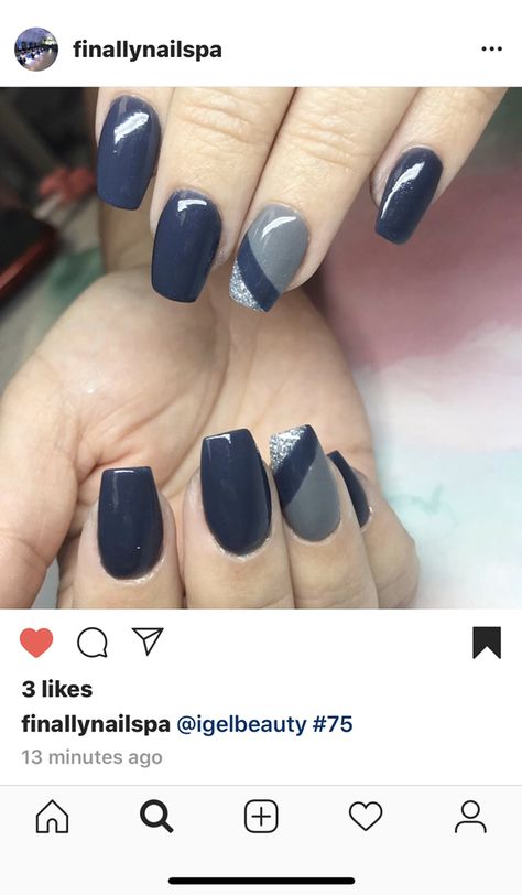 Dark Blue And Grey Nails, Blue And Grey Nail Ideas, Grey And Navy Nails, Navy Spring Nails, Classy Short Square Nails, Gray And Blue Nails Design, Navy And Gray Nails Design, Navy Blue And Grey Nails, Blue And Gray Nail Designs