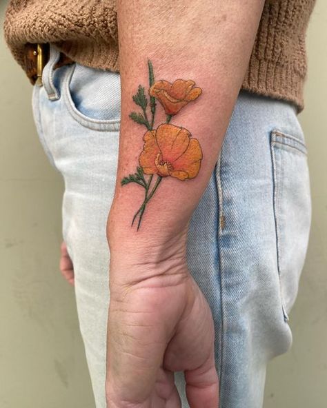 Jes -Tattoo Artist on Instagram: "California poppies for a first tattoo! ❤️❤️ she sat like a champ!! . . . #californiapoppies #flowertattoos #flowertat #poppytattoo #colortatoo #balboatattoo #newportbeach" California Related Tattoos, Related Tattoos, Flower Tat, Poppy Tattoo, California Poppies, Poppies Tattoo, California Poppy, October 25, First Tattoo