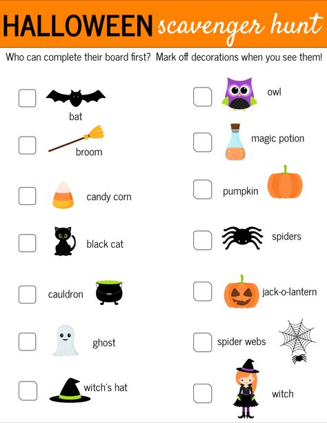 This Halloween Scavenger Hunt is perfect to have on hand when you are in shops this FALL. Print and carry with you to mark off halloween decorations! School Halloween Party, Halloween Scavenger Hunt, Hallowen Ideas, Halloween Kunst, Halloween Preschool, Hallowen Costume, Halloween Tags, Halloween Party Games, Birthday Halloween Party