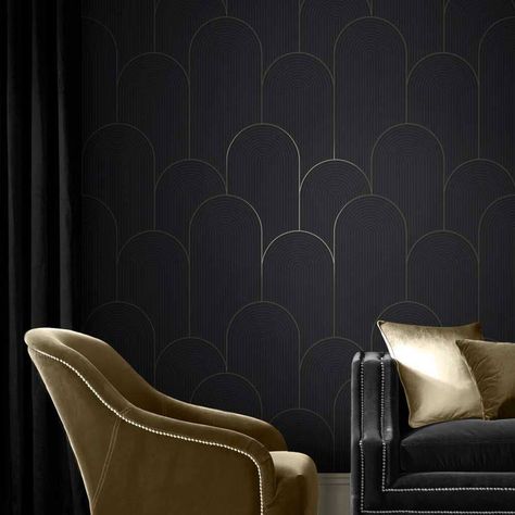 Black Gold Wallpaper, Tapete Gold, Bold Wallpaper, Sand Painting, How To Hang Wallpaper, Graham & Brown, Black Curtains, Wallpaper Black, Brown Wallpaper