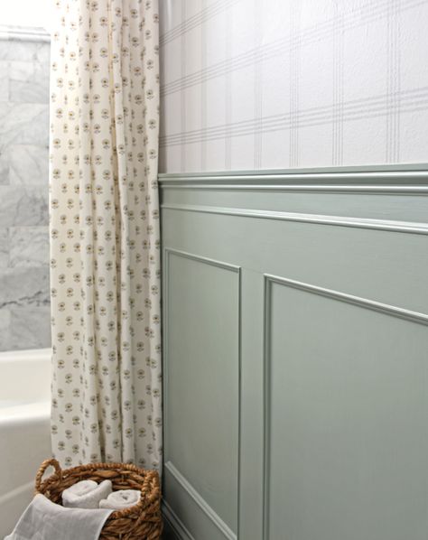 Cottage Bathroom Remodel, English Cottage Bathroom, Interior Design Bathroom, Jeffrey Court, Bathroom Paint, Shower Columns, Sage Green Walls, Cottage Bathroom, Hall Bathroom