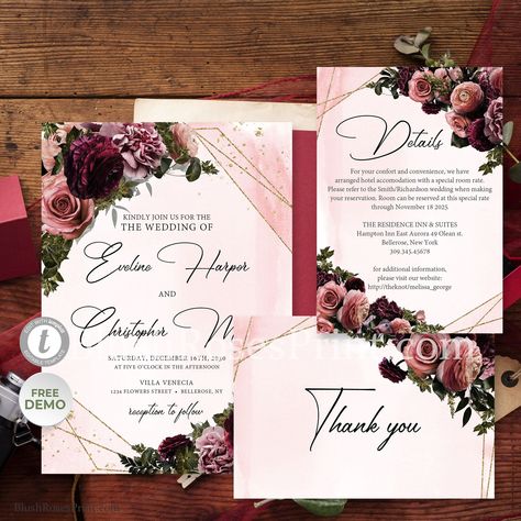 "Blush and Burgundy Wedding Invitation Template, Red Marsala Floral Corner Wedding, Maroon Roses Wedding Suite, DOWNLOAD Mauve Flowers #138, Blush Burgundy Flowers Roses Wedding Pack, Moody Mauve flowers roses wedding pack templates, Deep Red Maroon flowers mixed blush burgundy roses woven into faux gold geometric, elegantly combined trendy modern script font. Boho Wedding Invite, Fully editable wedding invitation set with Rsvp card, Details card and Thank you card, Amazing Wedding Suite edit yo Wedding Invites Burgundy And Blush, Burgundy Invitations Wedding, Pink And Maroon Wedding, Burgundy Blush And Gold Wedding, Blush Pink And Burgundy Wedding, Red And Blush Wedding, Dusty Rose And Burgundy Wedding, Red Rose Wedding Invitations, Maroon Roses