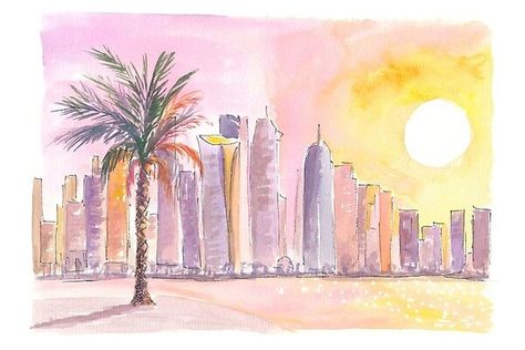 Doha Qatar Palm and Impressive Skyline at Sunrise Doha Skyline Painting, Qatar Art Painting, Doha Skyline, Famous Cities, Skyline Painting, Logo Design Inspiration Branding, Doha Qatar, Small Canvas Art, Small Canvas