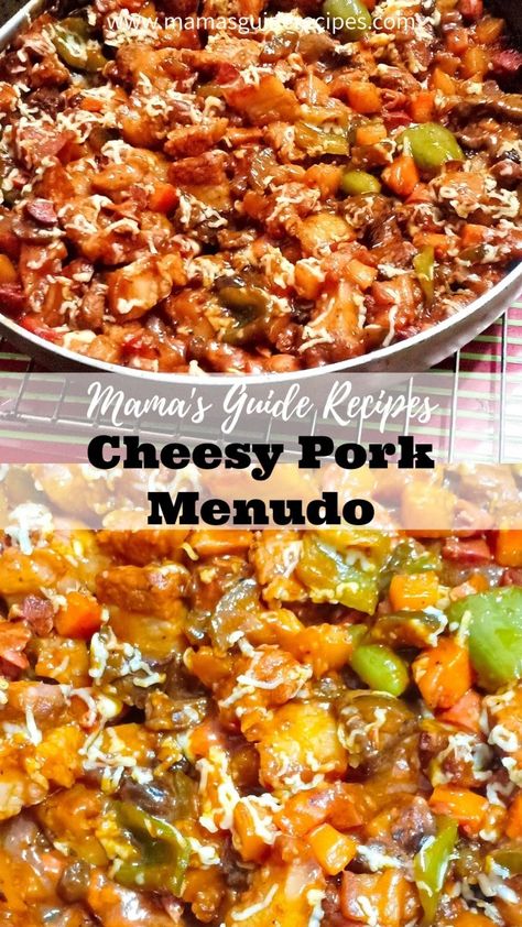 Cheesy Pork Menudo Recipe Menudo Recipe Filipino, Beef Kaldereta Recipe, Pork Menudo Recipe, Kaldereta Recipe, Egg Pie Recipe, Pork Menudo, Beef Caldereta, Menudo Recipe, Pie From Scratch