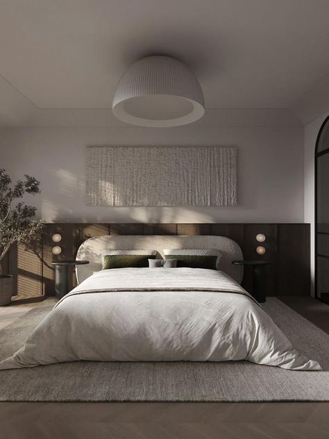 Modern Classic Small Bedroom, Modern Japandi Bedroom Design, Japandi Dark Bedroom, Wall Length Headboard, Japandi Guest Bedroom, Hotel Room Design Luxury, Minimalist Bedroom Lighting, Japandi Bed, Beige And Grey Bedroom