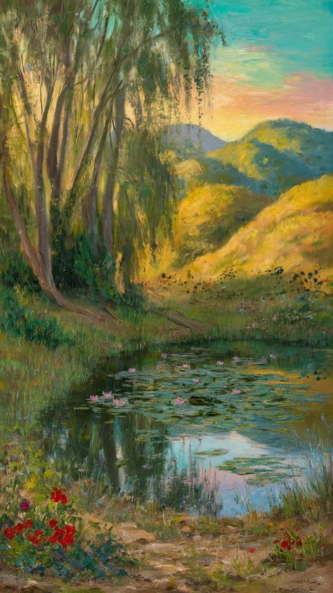 Immerse yourself in the tranquility of this vibrant painting print, inspired by the Impressionist movement. Soft brush strokes depict sunlight dancing through trees, while a peaceful pond reflects blooming water lilies. Rolling hills in warm gold and green hues encapsulate Post-Impressionism. Scattered wildflowers and a pastel sunset create a breathtaking natural landscape. Perfect for art lovers and nature enthusiasts alike. Oil Pastel Landscape, Pastel Sunset, Pastel Landscape, Impressionist Landscape, Post Impressionism, Green Hues, Gold And Green, Natural Landscape, Rolling Hills