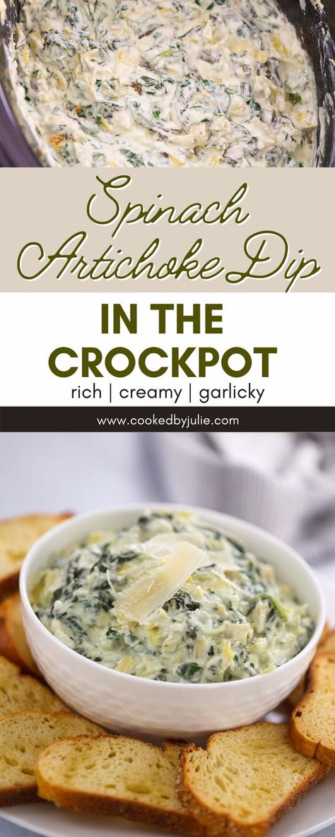 Crockpot Spinach Artichoke Dip, Slow Cooker Spinach Artichoke Dip, Crockpot Spinach, Spinach Artichoke Dip Recipe, Spinach And Artichoke Dip, Crock Pot Dips, Crockpot Appetizers, Artichoke Dip Recipe, Jello Shot