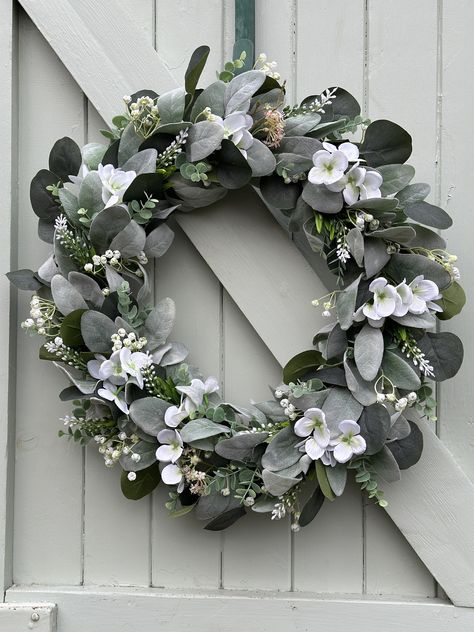 White Hydrangea Wreath, All Season Wreath, Wreath Base, Eucalyptus Wreath, Hydrangea Wreath, Lambs Ear, White Hydrangea, Door Decoration, Door Wreath