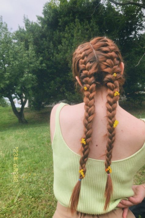 French Braids With Flowers, Ginger Dutch Braids, Ginger Hair In Braids, Ginger French Braids, Red Head Braids, Flowers In Braids, Ginger Hair Braids, Braids With Flowers, Noah Khan