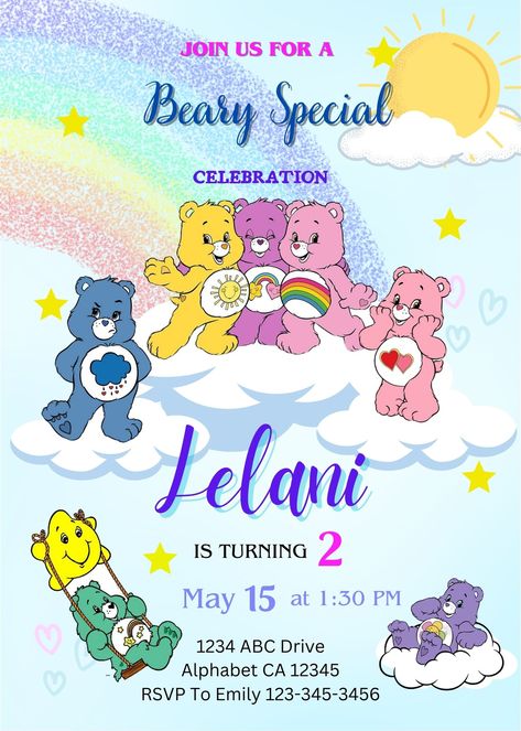 How cute are these Carebear digital invitations and button pins. Carebear Birthday Party Invitations, Carebear Invitation, Carebear Birthday Party, Care Bears Party, Care Bear Birthday, Diy Birthday Party, Bear Birthday, Second Birthday, Party Diy