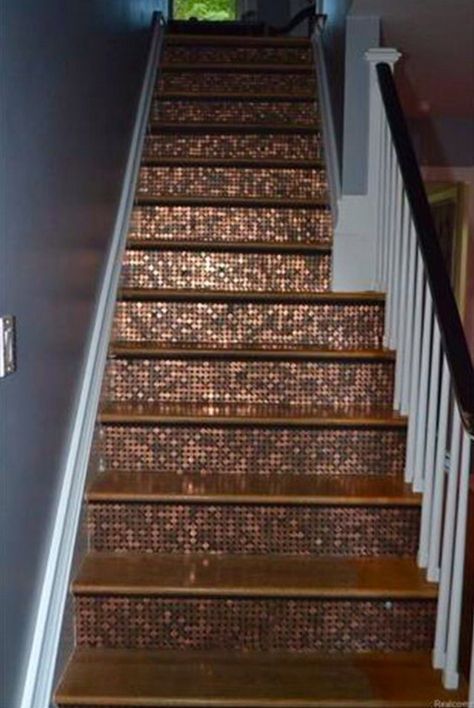 Penny stairs! Penny Tile Stairs, Penny Entryway, Penny Countertop, Penny Floors, Penny Decor, Penny Floor Designs, Penny Table Tops, Penny Wall, Penny Table