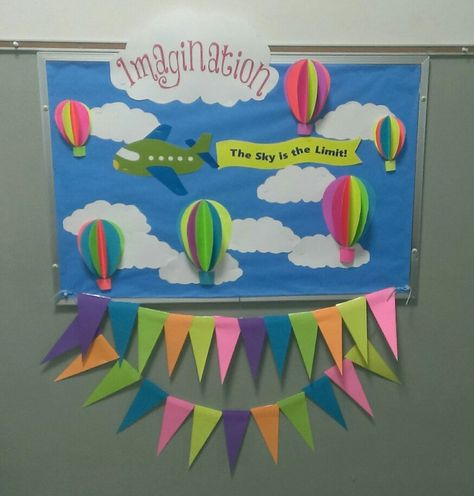 Airplane Bulletin Board, Hot Air Balloon Bulletin Board, Hot Air Balloon Classroom, Balloon Bulletin Board, Hot Air Balloon Classroom Theme, Balloon Theme, Classroom Decor High School, School Board Decoration, School Door Decorations