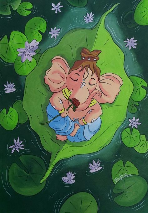 Easy Ganesha Painting Canvas, Bal Ganesha Painting, Cute Ganesha Painting, Poster Color Drawing, Bal Ganesh Drawing, Easy Ganesha Painting, Cute Ganesha Drawing, Ganpati Bappa Drawing, Bappa Rangoli