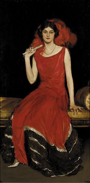 "Lady in Red: Portrait of Constance Bridges" (19th century) Sir John Lavery  Sir John Lavery[Irish painter best known for his portraits.18... John Lavery, Irish Painters, Red Portrait, Giovanni Boldini, Albert Bierstadt, Woman In Red, Camille Pissarro, Edgar Degas, Red Art