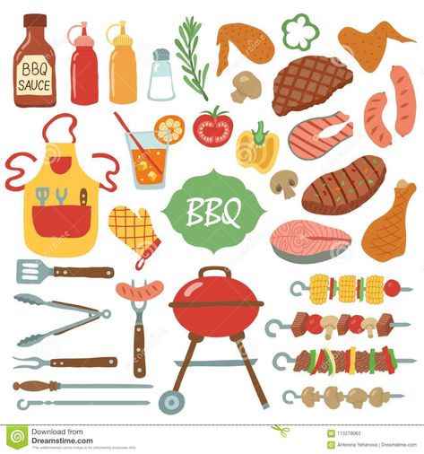 A set of barbecue items. stock vector. Illustration of mushrooms - 113278063 Galaxy Fabric, Kitchen Cookbook, Barbecue Party, Grill Set, Food Wallpaper, Dot Journals, Carne Asada, Fabric Panel, Backyard Bbq