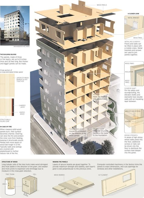 Building With Engineered Timber:  The Graphite Apartments, a nine-story residential tower in London, is one of the tallest timber buildings in the world. It is constructed of factory-made solid-wood wall and floor panels called cross-laminated timber, or CLT. #wood #material #sustainability Clt Construction, Mass Timber, Timber Architecture, Wooden Architecture, Timber Buildings, Wood Building, Wood Architecture, Timber Panelling, Timber Beams