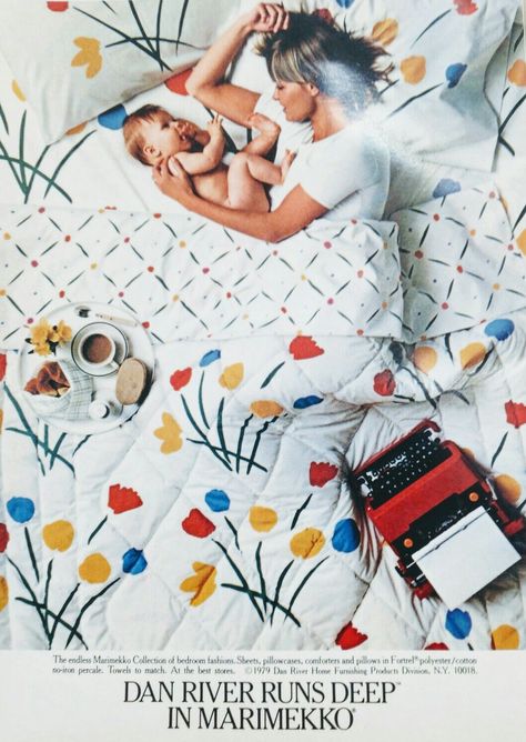 Vintage 1979 magazine ad featuring Dan River Marimekko Collection of Bedroom Fashions. Sheets, pillowcases, comforters, and pillows. Pattern shown is 'Seven Flowers'. Marimekko Vintage, Brands Aesthetic, 80s Interior, Book Catalogue, Room Stuff, Magazine Ad, Vintage Bed, Janis Joplin, Vintage Sheets