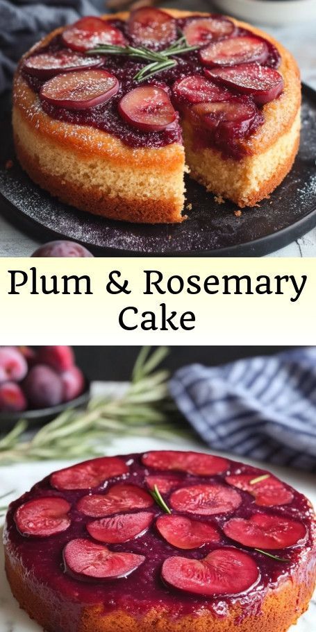 "Plum & Rosemary Upside-Down Cake: A Flavorful Fall Dessert" Indulge in the taste of autumn with this Plum & Rosemary Upside-Down Cake. Caramelized plums and aromatic rosemary create a unique and delicious combination that is perfect for any gathering. Enjoy a slice of this moist and fragrant cake with loved ones today! #PlumCake #FallBaking #HomemadeDesserts #SeasonalFlavors #BakingInspiration #DeliciousDesserts #UpsideDownCake #CakeRecipe Upside Down Fig Cake, Upside Down Plum Cake, Caramelized Plums, Unique Thanksgiving Desserts, Upside Down Desserts, Plum Upside Down Cake, Rosemary Cake, Fig Cake, Plum Cake