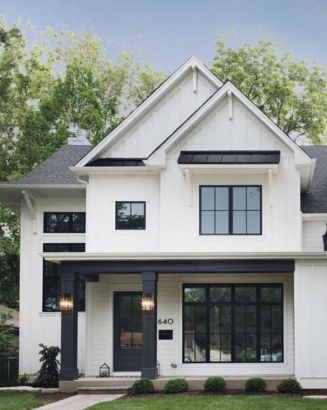 White And Black House Exterior, White And Black House, Exterior Columns, White Exterior Houses, Porch Columns, House Design Exterior, Exterior Makeover, Modern Farmhouse Exterior, Farmhouse House