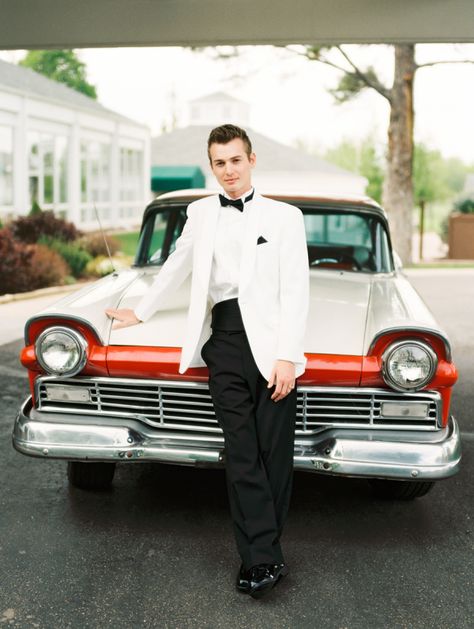 1950s vintage inspired wedding shoot. Groom with Vintage Car | photography by http://www.defiorephotography.com/ Wedding 50s, Bourbon Wedding, Vintage Car Photography, Cherry Bourbon, Sleeved Gown, Summer Editorial, 1950s Wedding, Elizabeth Anne, Vintage Inspired Wedding