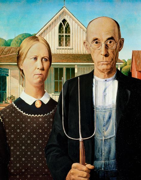 American Gothic | painting by Wood | Britannica Grant Wood Paintings, American Gothic Painting, American Gothic Parody, Art Parodies, Mona Friends, Gothic Painting, Famous Art Pieces, Lisa Smile, Mona Lisa Parody