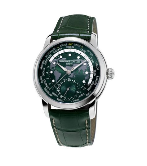 The Frederique Constant Classic Worldtimer Manufacture sports a new green-and-silver look in its 2018 incarnation.  It features a three-part stainless steel case measuring 42 mm in diameter and a world-map dial swept over by hand-polished, luminous-treated hour and minute hands, and is powered by an in-house movement, Caliber FC-718. #FrédériqueConstant #watchtime #worldtimewatch #Baselworld2018 Frederique Constant, Latest Watches, Citizen Watch, Automatic Watches For Men, Automatic Watch, Green Leather, Chronograph Watch, Watch Design, Luxury Watches