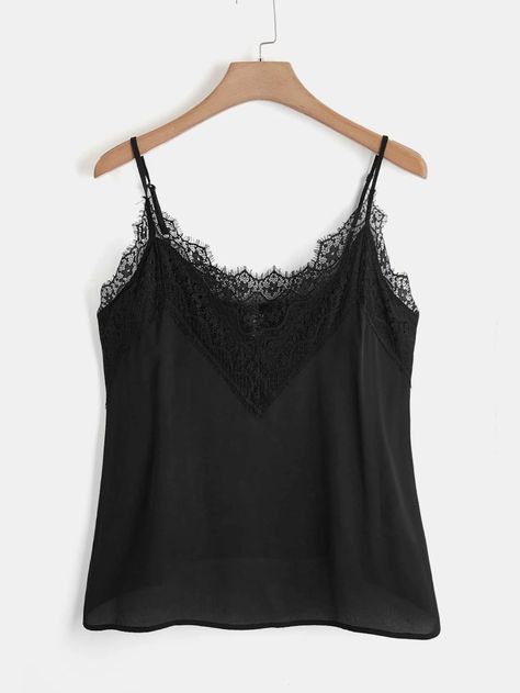 SHEIN Clasi Plus Contrast Lace Cami Top | SHEIN USA Lace Cami Top, Black Camisole, Plus Size Tank Tops, Lace Cami, Tank Top Camisole, Tank Top Cami, Black Laces, Kids Beachwear, Women Lace