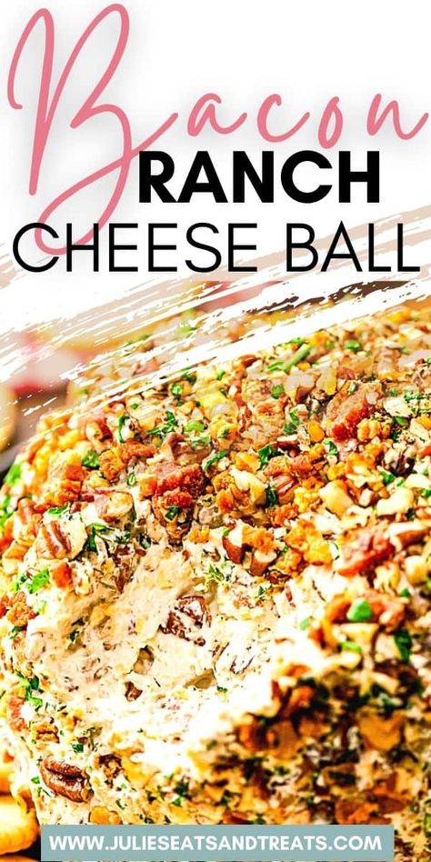 A quick and easy cheese ball recipe that's loaded with flavor from the mixture of cream cheese, bacon, ranch, parsely, sharp cheddar cheese and BBQ sauce. This Bacon Ranch Cheese Ball makes a delicious holiday appetizer. It's perfect for parties, New Year's Eve and more! Bacon Ranch Cheeseball, Bacon Ranch Cheese Ball Recipe, Bacon Ranch Cheese Ball, Easy Cheese Ball, Ranch Cheese Ball, Oven Baked Bacon, Cheese Ball Recipe, Ball Recipes, Easy Bacon