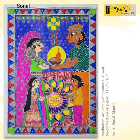 “Madhubani art family celebrations - Diwali” (original madhubani painting by the artist Sonal Mantri, brings together various mediums and materials to create a folk art depicting the festival of Diwali. Painting For Diwali, Painting Of House, Diwali Diya Decoration, Mithila Painting, Diwali Diya, Painting Competition, Madhubani Art, Diwali Celebration, Madhubani Painting