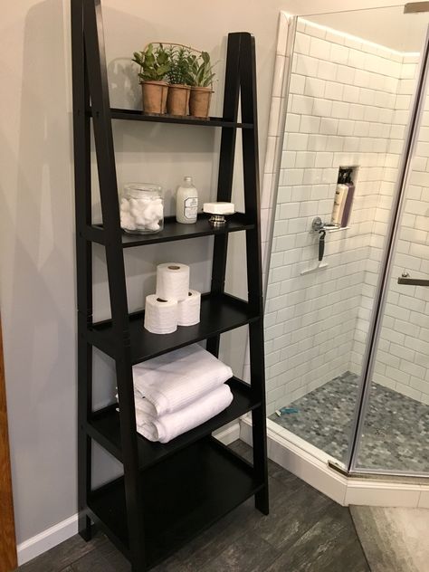 Bathroom Decor Ladder Shelf, Black Ladder Shelf Bathroom, Bathroom Standing Shelf Decor, Black Leaning Shelf, Bathroom Latter Shelf, Ladder Shelf Bathroom Storage, Ladder Shelf In Bathroom, Ladder Shelf Black, Black Ladder Decor