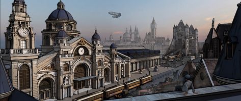 ArtStation - Victorian Railway Station, Vann Wang Victorian Buildings, City Sky, Minecraft Inspo, Train Stations, Vanishing Point, Fantasy City, Background Art, Beautiful Lines, Railway Station