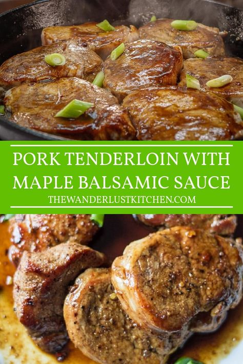 In just thirty minutes, you can whip up this succulent and Easy Pork Tenderloin, draped in a mouthwatering maple-balsamic sauce. Perfect with crusty bread to savor every flavorful drop - a true feast for the senses! Balsamic Gravy, Easy Pork Tenderloin Recipe, Pork Medallion Recipes, Gina Livy, Pork Ideas, Yogurt Flatbread, Easy Pork Tenderloin Recipes, Entree Ideas, Pork Tenderloin Medallions