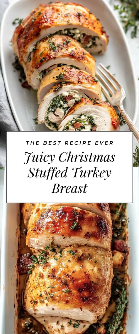 Image for Juicy Christmas Stuffed Turkey Breast Best Stuffed Turkey Recipe, Christmas Turkey Breast, Rolled Turkey Breast With Stuffing, Christmas Dinner Not Turkey, Company Christmas Party Food Ideas, Turkey Breast For Thanksgiving, Thanksgiving Recipes Protein, Christmas Dinner Recipes Main Meat, Shredded Turkey Breast Recipes