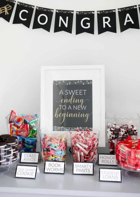 Graduation Party Colors, Unique Graduation Party Ideas, Grad Party Ideas, Graduation Candy Buffet, 2025 Graduation, Graduation Party Desserts, Graduation Candy Bar, High School Graduation Party Decorations, Graduation Desserts