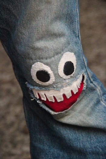 Patch jeans with a monster mouth!  My son ends up with all jeans having holes in them... This would be fun! Monster Mouth, Jeans Patch, Patch Ideas, Jeans Ideas, Knee Patches, Patched Jeans, Old Jeans, Cool Ideas, Final Touch