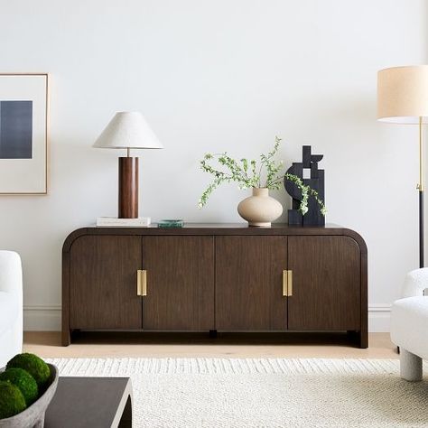 Modern Media Consoles, Cabinets & Storage | West Elm Console Table For Dining Room, Media Console Living Room, Dark Wood Console Table, Dark Walnut Furniture, Credenza Decor, Mid Century Console, Wood Media Console, Modern Media Console, Media Console Table