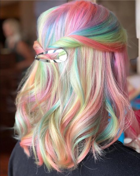 Summer Dreams: Rainbow Haircuts to Brighten Your Days Kids Hair Dye Ideas, Pastel Hair Short, Hair Dye Videos, Pastel Rainbow Hair, Sunset Hair, Hair Dye Ideas, Pretty Rainbow, Rave Hair, Vivid Hair Color